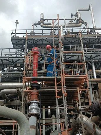 Contexto de planta Equipo técnico trabajando en altura entre tuberías de una planta industrial